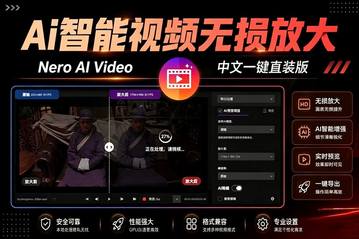 AI智能视频无损放大与增强工具 Nero AI Video Upscaler v1.3.16.0 一键直装版 老旧视频变高清大片|星途资源网